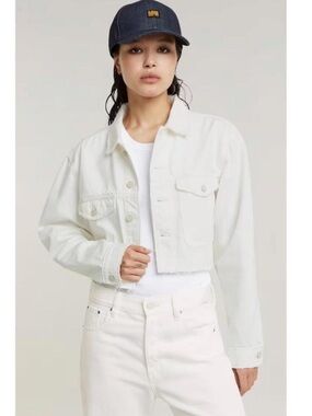 $180 G-Star RAW Cropped Wander
Ecru Denim Jacket Destroyed Raw Hem, Lt Chalk NEW